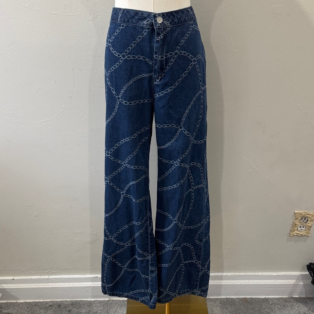 J. McLaughlin Blue Link Chain Pattern Wide Leg Jeans 👖Size 10
